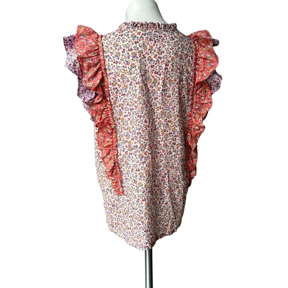 Ann Taylor Purple Orange Floral Ruffle Flutter Keyhole Button Blouse, Sz M - Picture 6 of 14